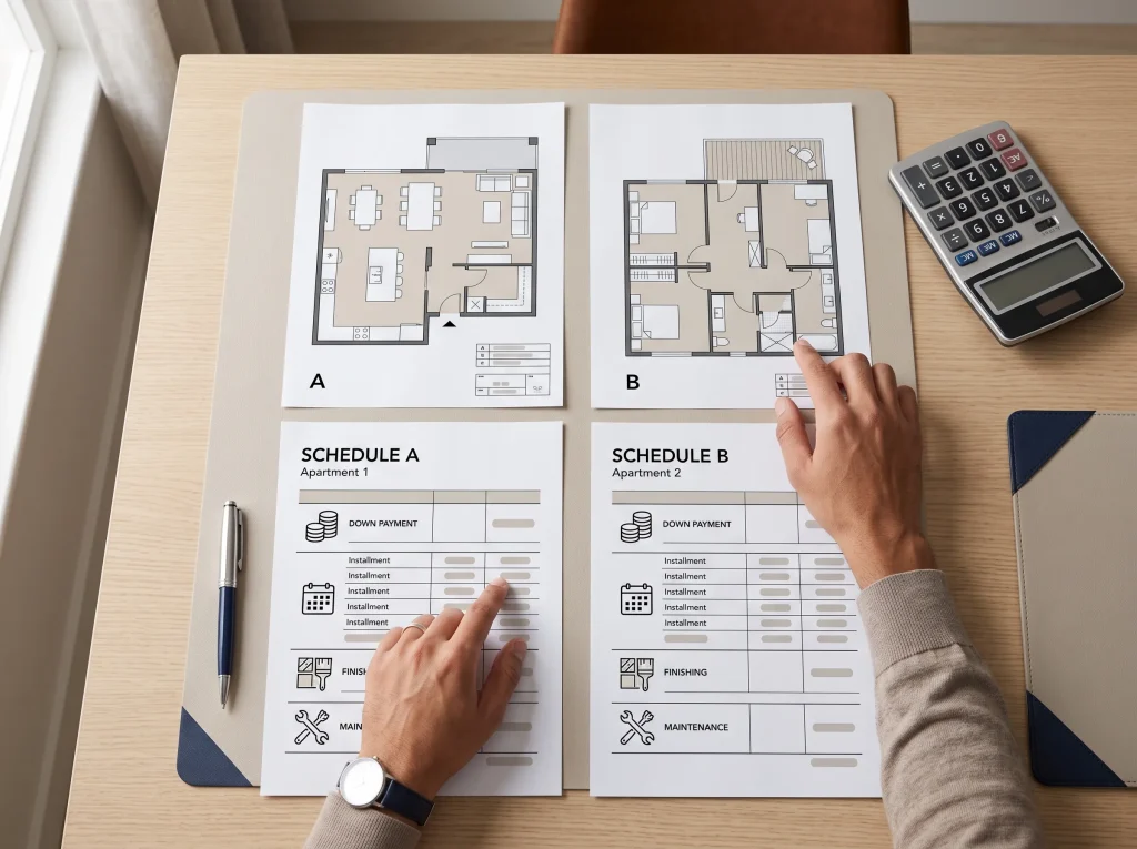 The cost of buying an apartment in New Damietta: Full price and comparison of installment offers 3 Comparing two plans and payment plans to calculate the full cost of buying an apartment